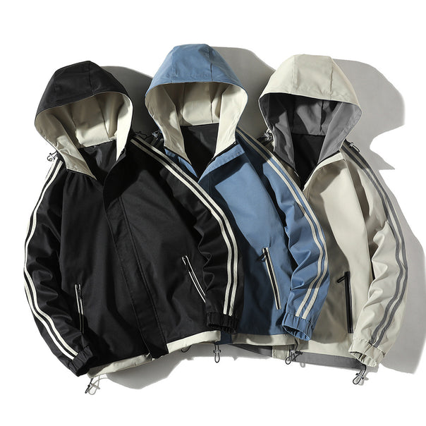 Men's sporty outdoor shell jacket with hood, reflective arm stripes, and zip pockets Mune Fashion
