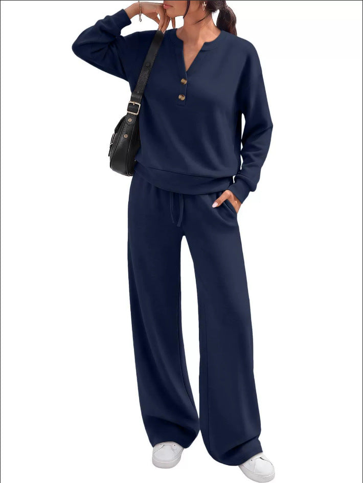 Ladies Lounge Set with Henley Collar and Palazzo Wide Jogging Pants Mune Fashion