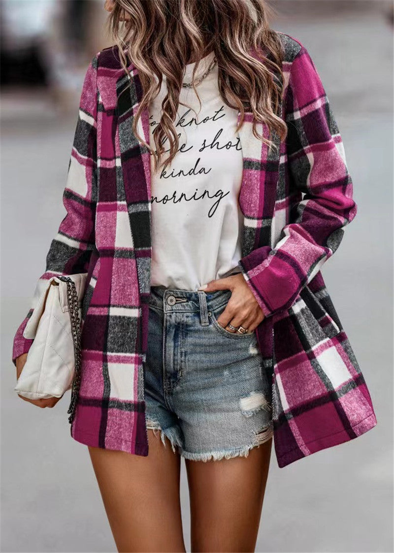 Women Checked Long Blazer Shacket Without Collar, Open Cut Mune Fashion