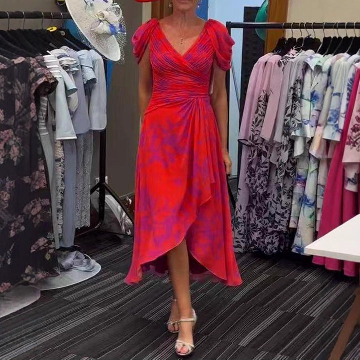 Women's wrap midi dress with ruched bodice, puff sleeves, and asymmetric waterfall hem Mune Fashion