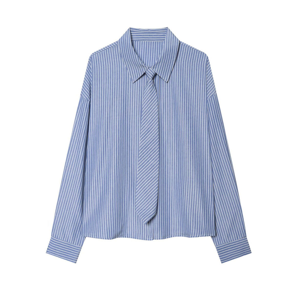 Women's Oversized Shirt Blouse with Integrated Tie and Fine Pinstripe Mune Fashion