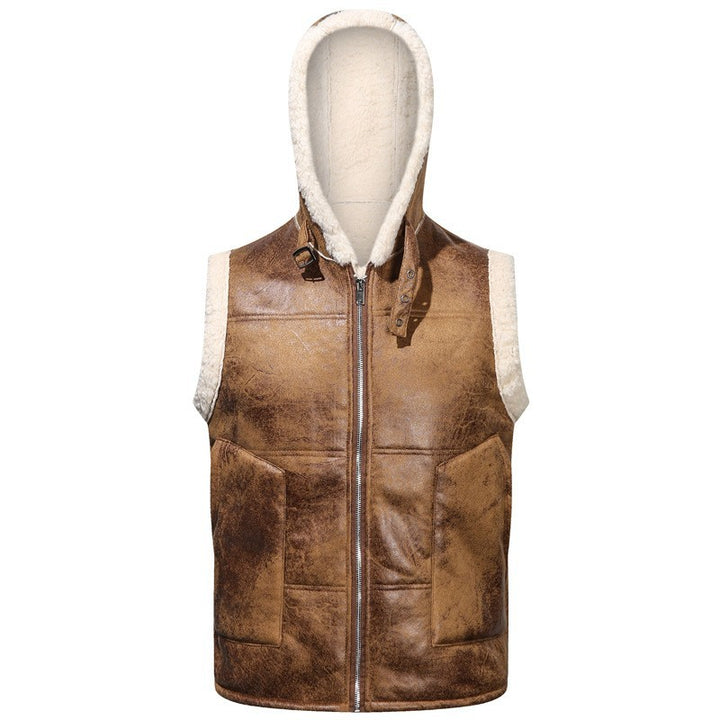 Men's Sleeveless Lambskin Imitation Vest with Hood and Continuous Zipper Mune Fashion