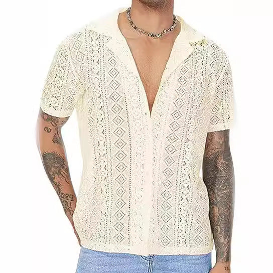 Men's airy crochet knit polo with open V-neck and Kent collar Mune Fashion