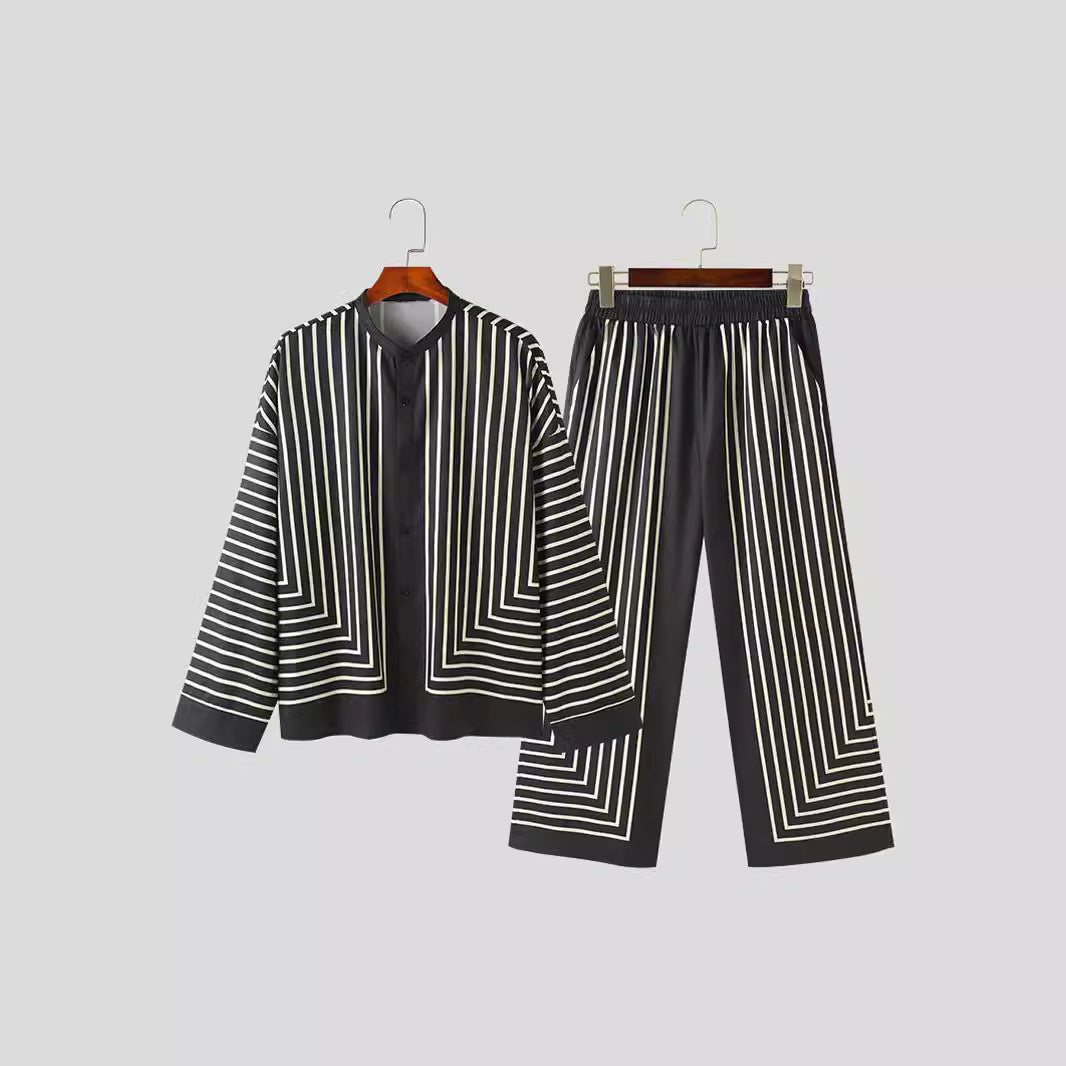 Women's striped lounge two-piece with stand-up collar button-up shirt jacket and straight pajama pants Mune Fashion