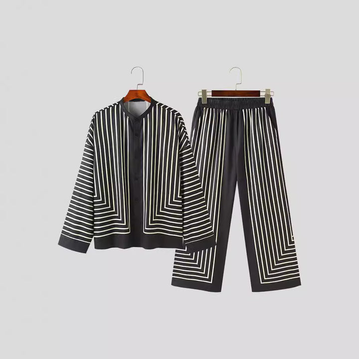 Women's striped lounge two-piece with stand-up collar button-up shirt jacket and straight pajama pants Mune Fashion