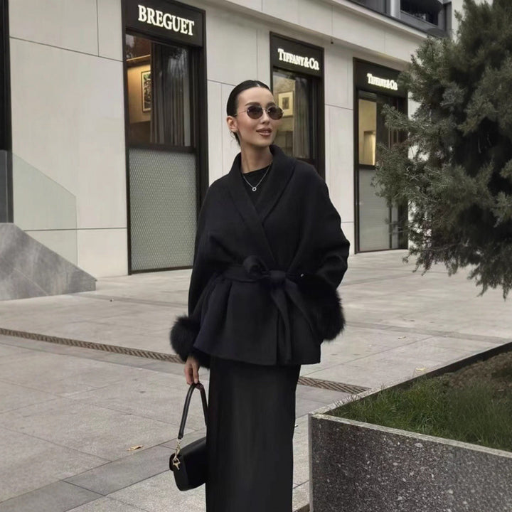 Women's Short Wool Blend Coat with Shawl Collar, Tie Belt, and Fluffy Cuffs Mune Fashion