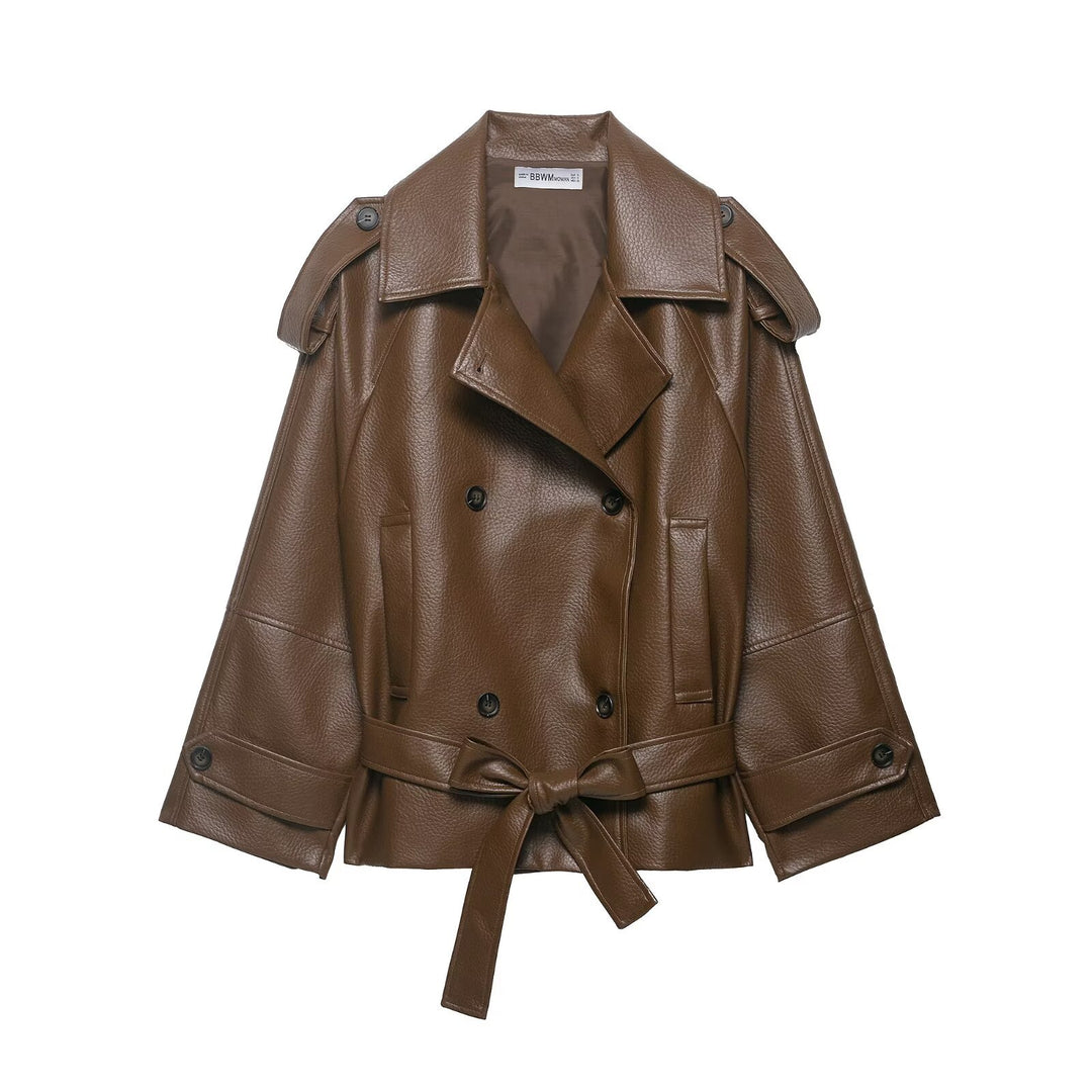 Women's Short Trench Coat in Leather Look with Double-Breasted Button Placket, Shoulder Epaulettes and Waist Belt Mune Fashion