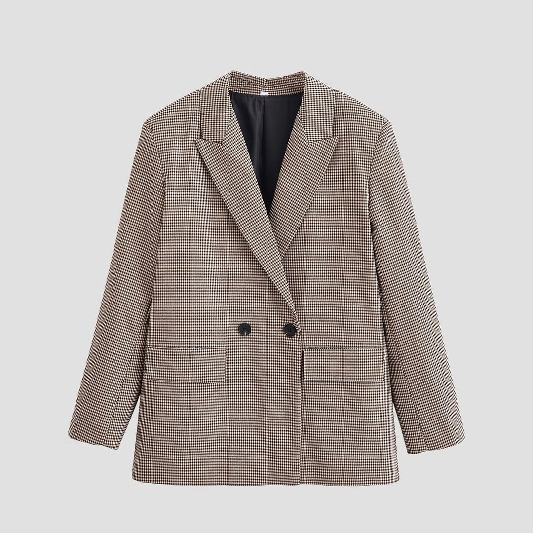 Women's Double-Breasted Oversized Blazer with Houndstooth Check and Flap Pockets Mune Fashion