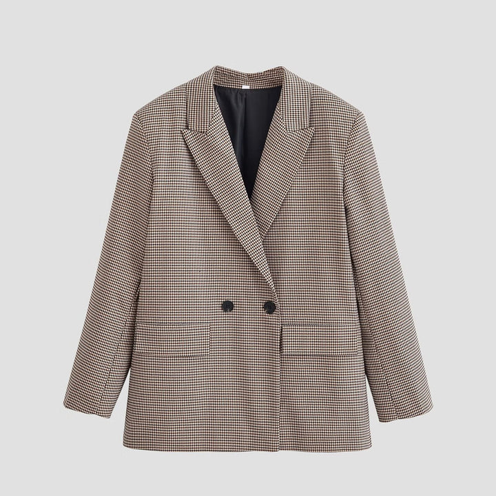 Women's Double-Breasted Oversized Blazer with Houndstooth Check and Flap Pockets Mune Fashion