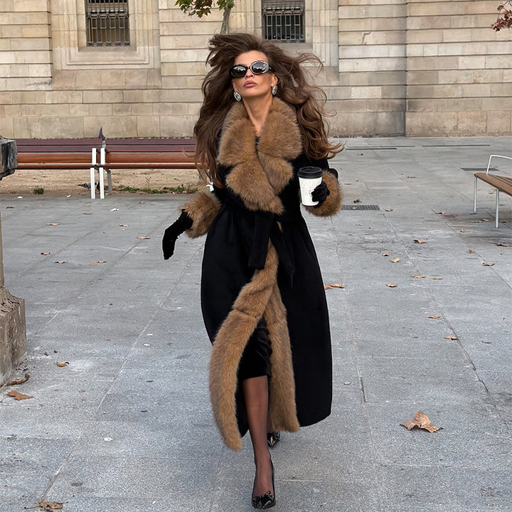 Women Tailored Maxi Coat with Faux Fur Shawl Collar and Tied Belt Mune Fashion