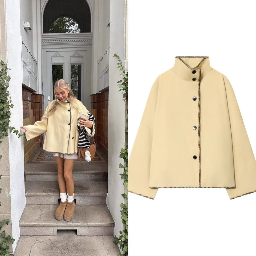 Women's Short Wool Cape Coat with Stand Collar, Contrast Stitching and Snap Button Closure Mune Fashion
