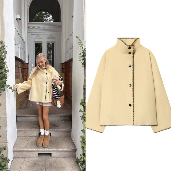 Women's Short Wool Cape Coat with Stand Collar, Contrast Stitching and Snap Button Closure Mune Fashion