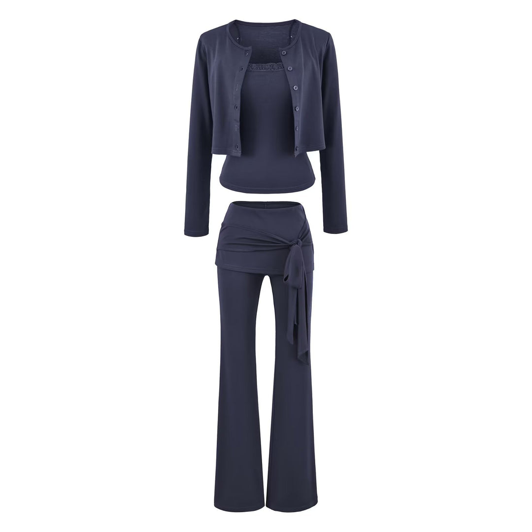 Women's three-piece lounge set with short button cardigan, lace top, and wrap flare pants Mune Fashion