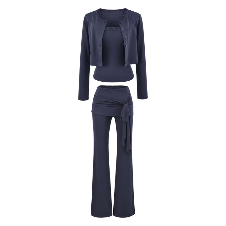 Women's three-piece lounge set with short button cardigan, lace top, and wrap flare pants Mune Fashion