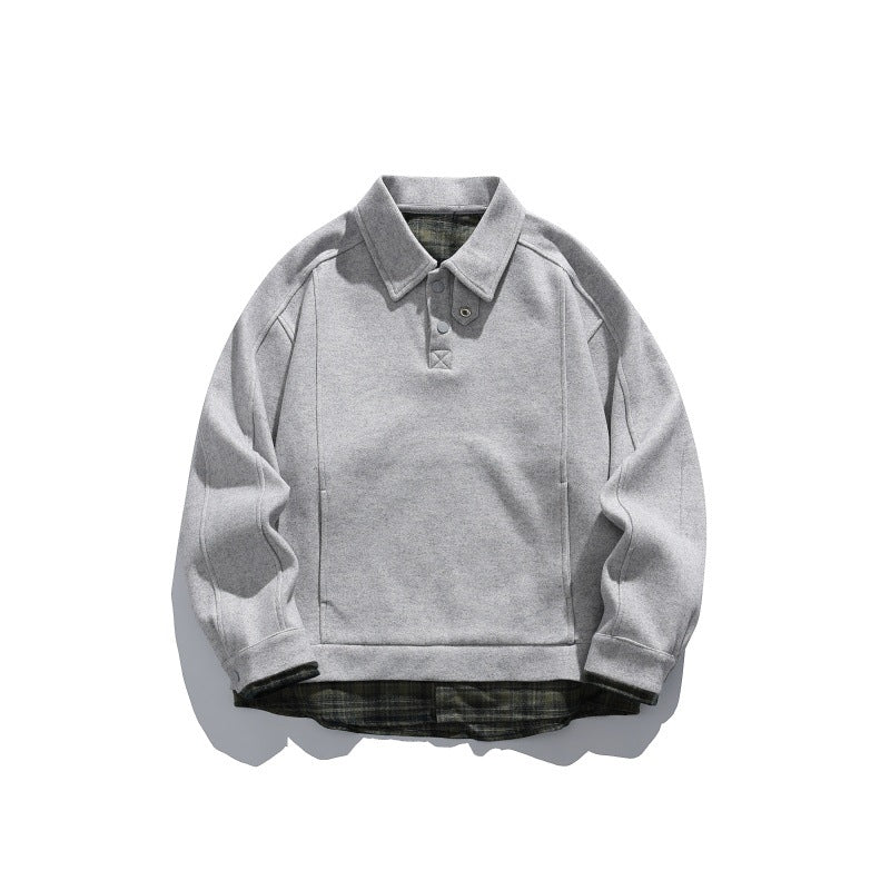 Men's Long-Sleeved Polo Sweatshirt with Kent Collar, Button Placket and Integrated Check Layer Mune Fashion