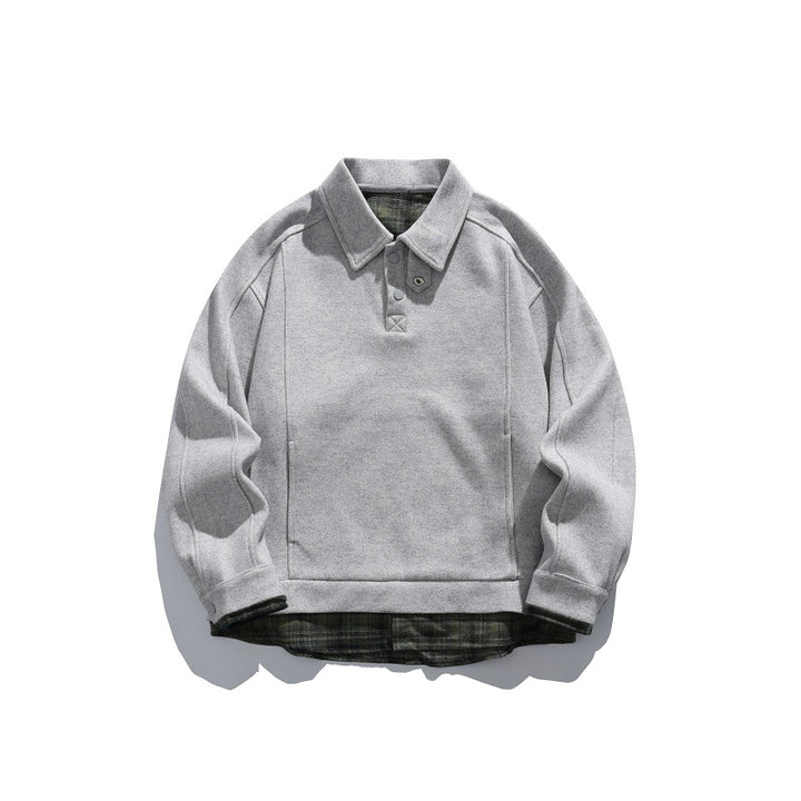 Men's Long-Sleeved Polo Sweatshirt with Kent Collar, Button Placket and Integrated Check Layer Mune Fashion