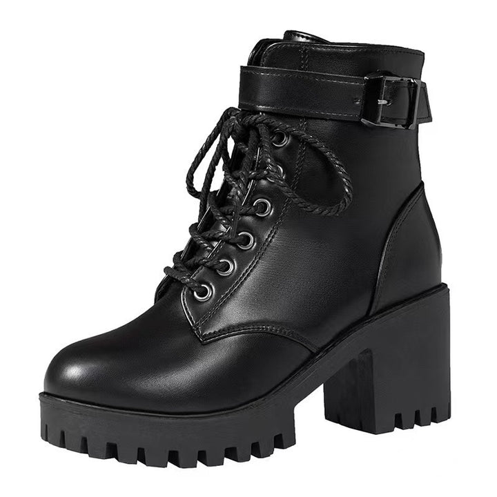 Women's platform lace-up ankle boots made of synthetic leather with profiled rubber sole and adjustable buckle strap Mune Fashion