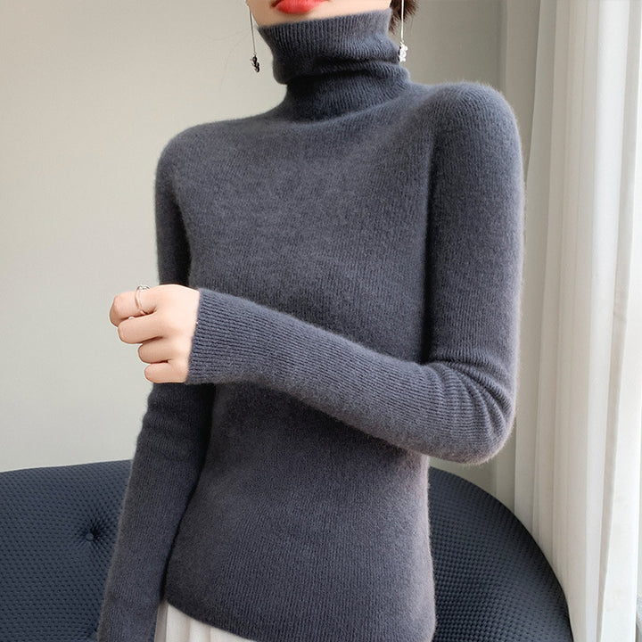 Women's Slim Roll Neck Sweater made of Cashmere Mix with Extra Long Sleeve Cuffs Mune Fashion