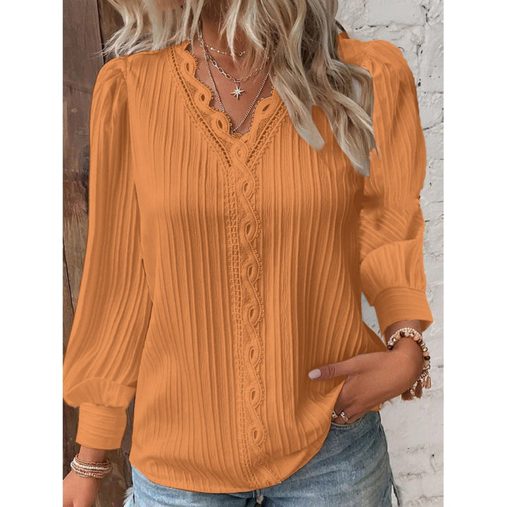 Women Pleated V-Neck Blouse with Lace Trim and Balloon Sleeves Mune Fashion