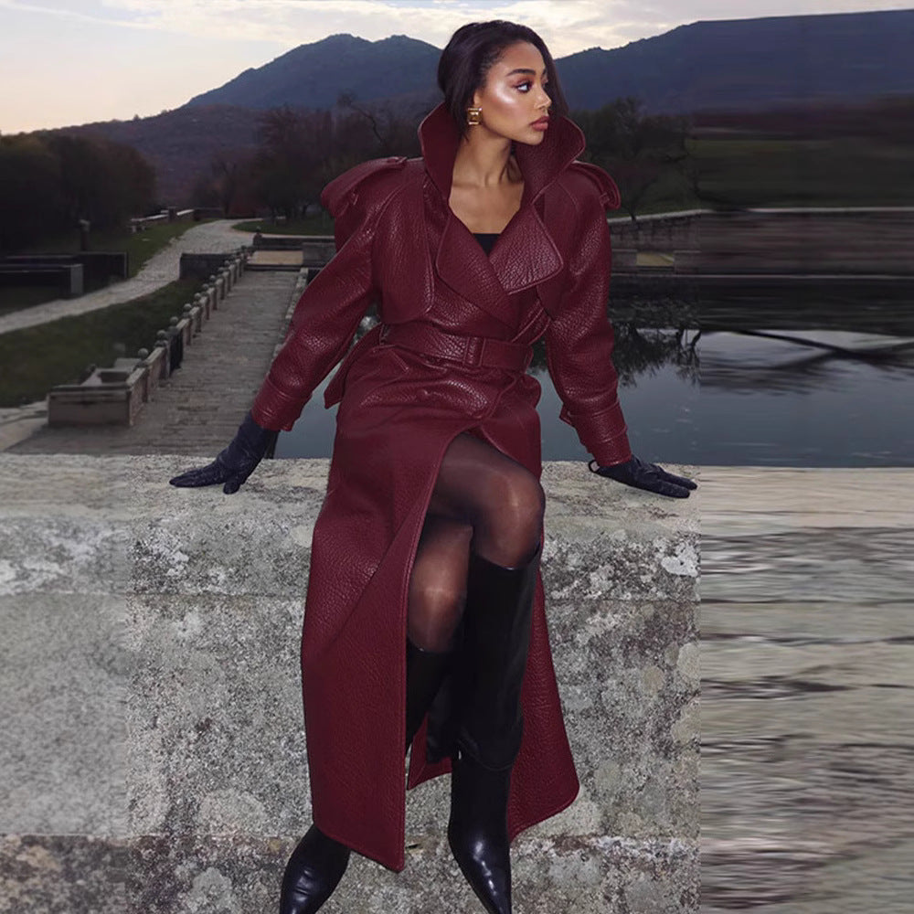 Women's Faux Leather Trench Coat with Top and Waist Belt Mune