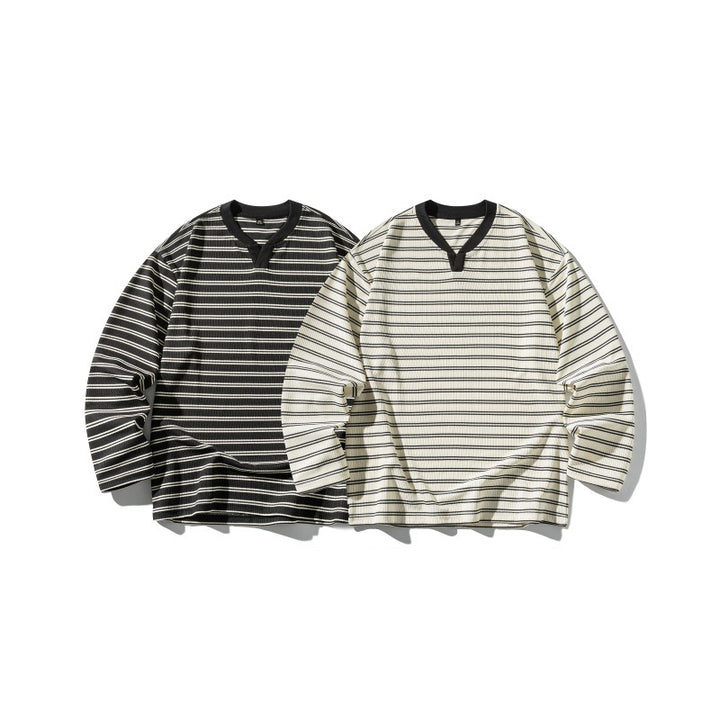 Unisex Striped Textured Long Sleeve with Notch V-Neck and Ribbed Structure Mune Fashion