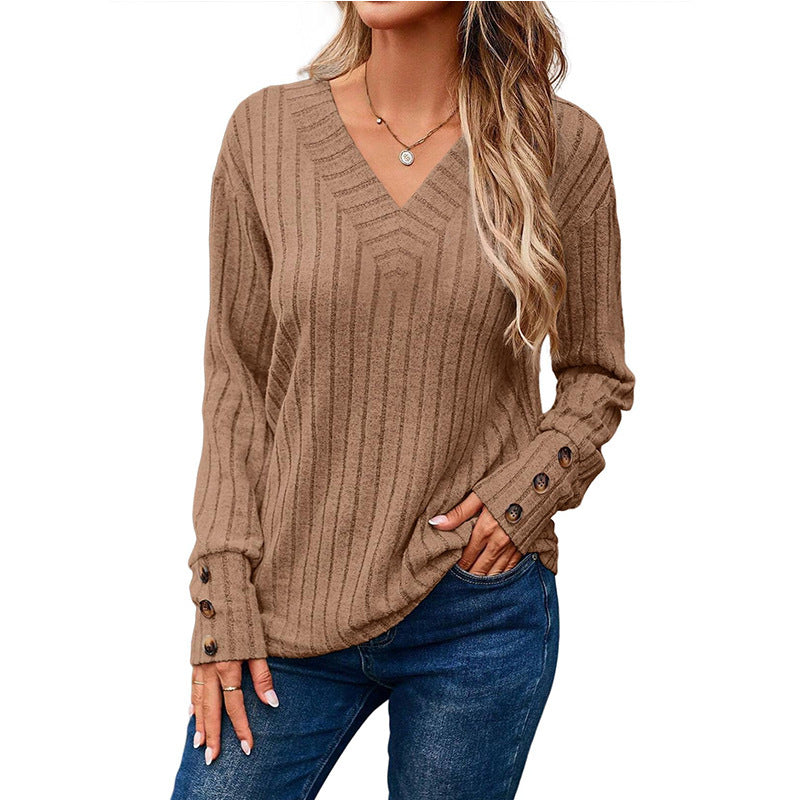 Women's Ribbed V-Neck Knit Sweater with Button Cuffs Mune Fashion