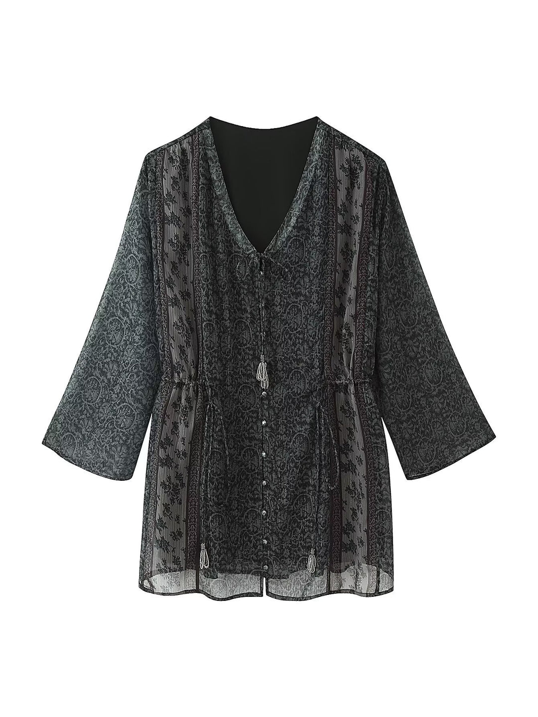 Women's Transparent Boho Tunic Dress with V-Neck, Drawstring and Tassels Mune Fashion