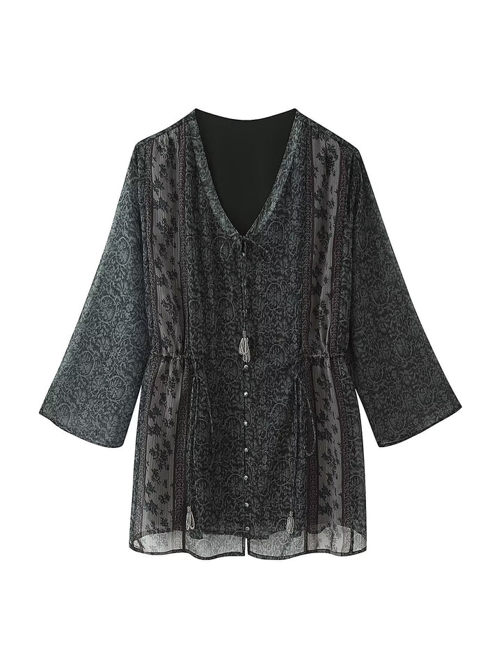 Women's Transparent Boho Tunic Dress with V-Neck, Drawstring and Tassels Mune Fashion