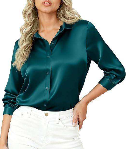 Women’s Silky Satin Blouse Shirt with Shirt Collar and Three-Quarter Sleeves Drune