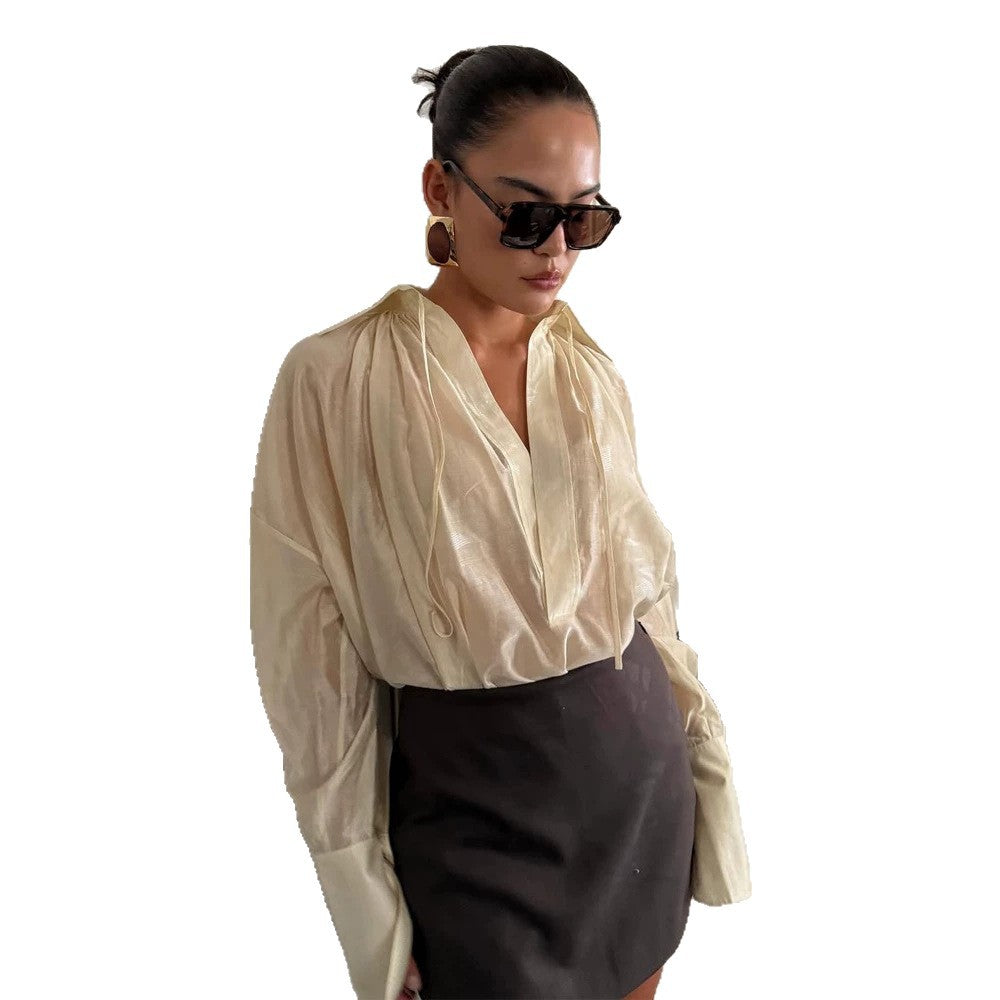 Women's Satin Glossy Oversized Blouse with Deep V-Neck, Wide Cuffs & Casual Silhouette Mune Fashion