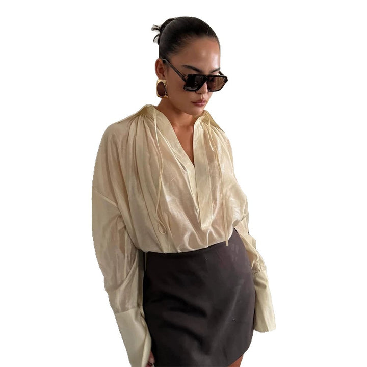 Women's Satin Glossy Oversized Blouse with Deep V-Neck, Wide Cuffs & Casual Silhouette Mune Fashion