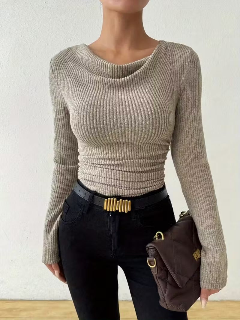 Women Ribbed Tailored Fine Knit Sweater with Gathering Mune Fashion