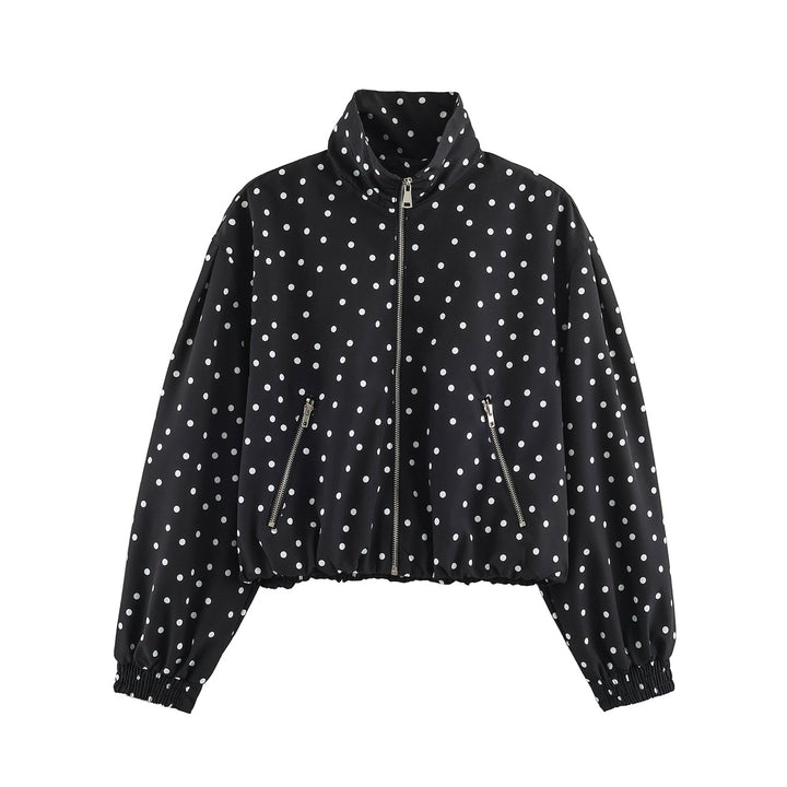 Women short cut dotted bomber jacket with stand collar, zip pockets and elastic hem Mune Fashion