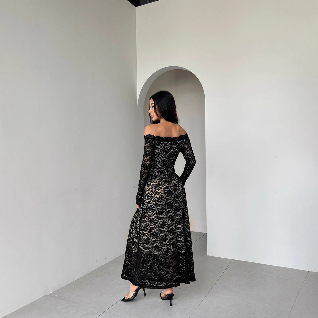 Women's off-the-shoulder lace midi dress with fine floral lace, lined inner layer, and tailored fit Mune Fashion