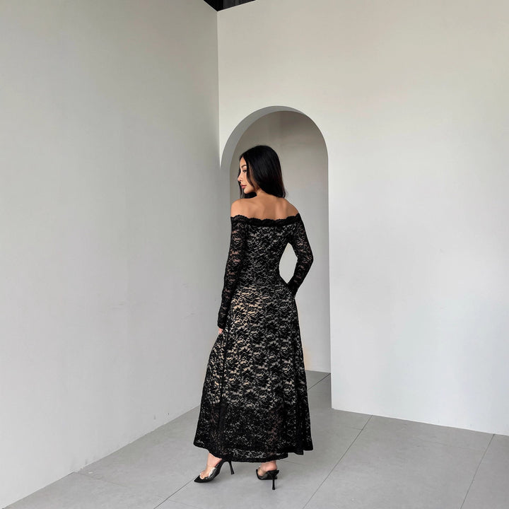 Women's off-the-shoulder lace midi dress with fine floral lace, lined inner layer, and tailored fit Mune Fashion