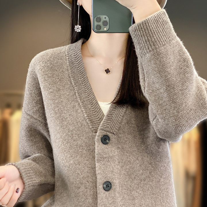 Ladies Soft Boxy Long Cardigan with Deep V-Neck and Fine Ribbed Edge