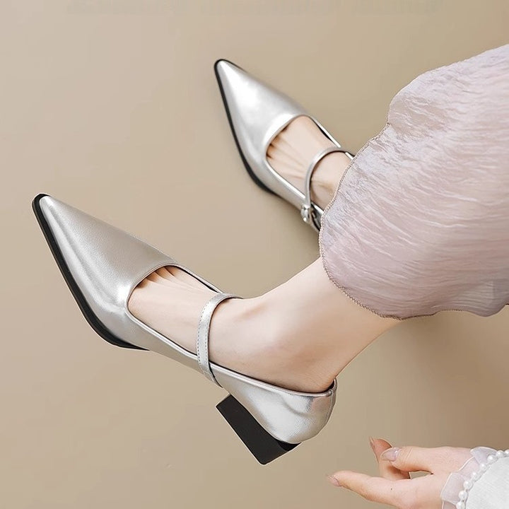Ladies' Mary Jane style ankle strap pumps with pointed toe cap and shaped block heel Mune Fashion
