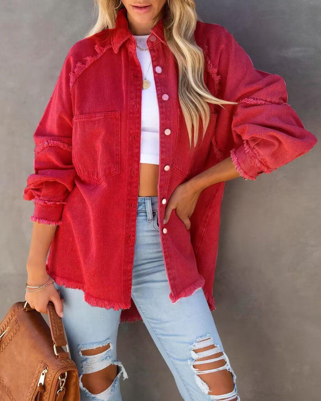 Women oversized shirt jacket in used look with frayed edges and patch pockets Mune Fashion