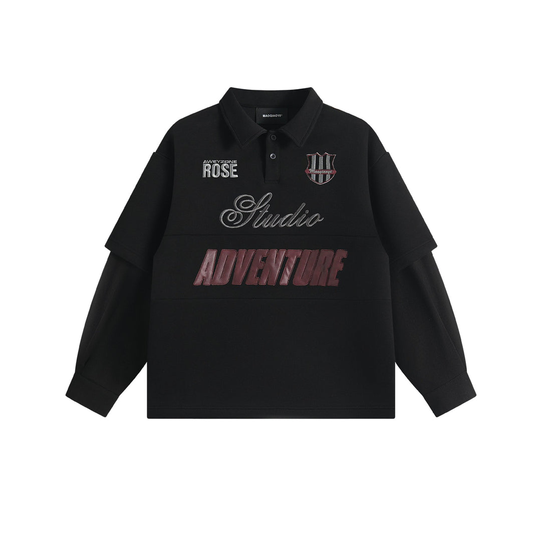 Women Layered Look Sweatshirt with Polo Collar and Patch Embroidery Mune Fashion