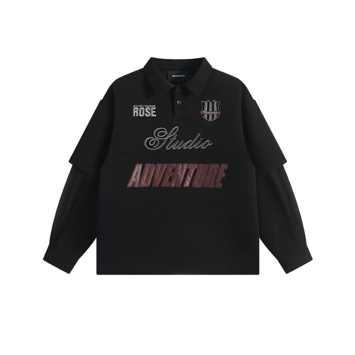 Women Layered Look Sweatshirt with Polo Collar and Patch Embroidery Mune Fashion