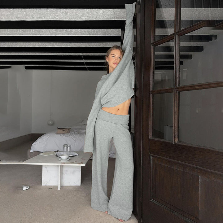 Women cashmere-like knit lounge set with oversized sweater and wide palazzo pants Mune Fashion