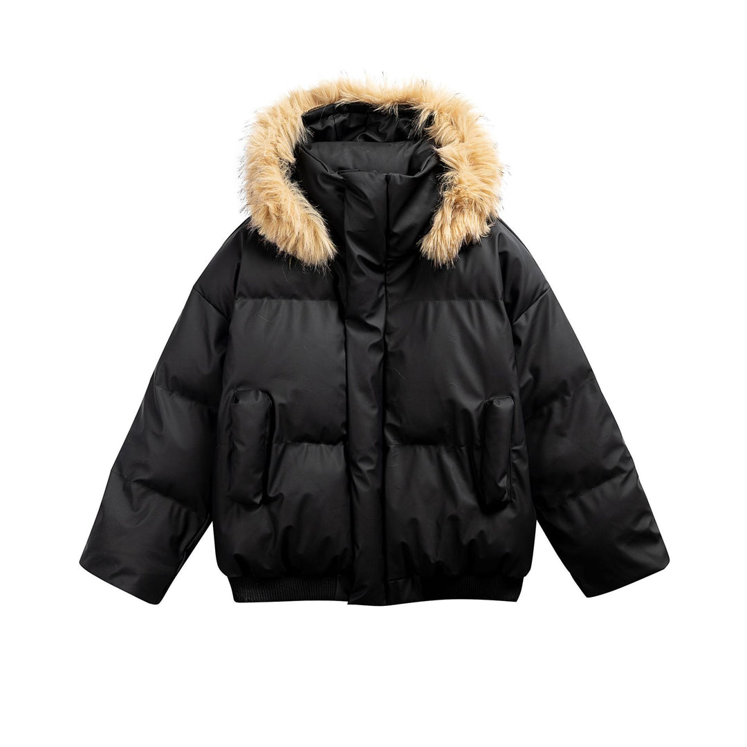 Women's Padded Short Quilted Jacket with Faux Fur Hood and Ribbed Hem Mune Fashion