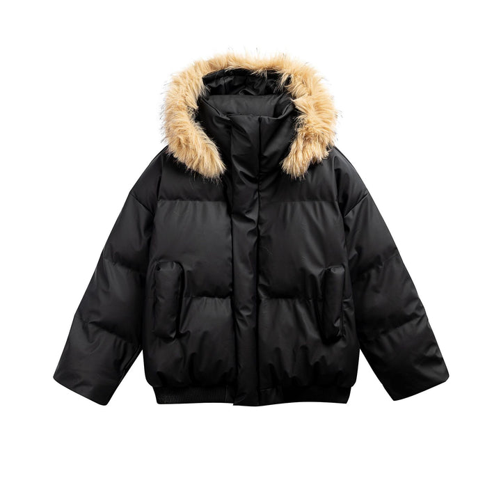 Women's Padded Short Quilted Jacket with Faux Fur Hood and Ribbed Hem Mune Fashion
