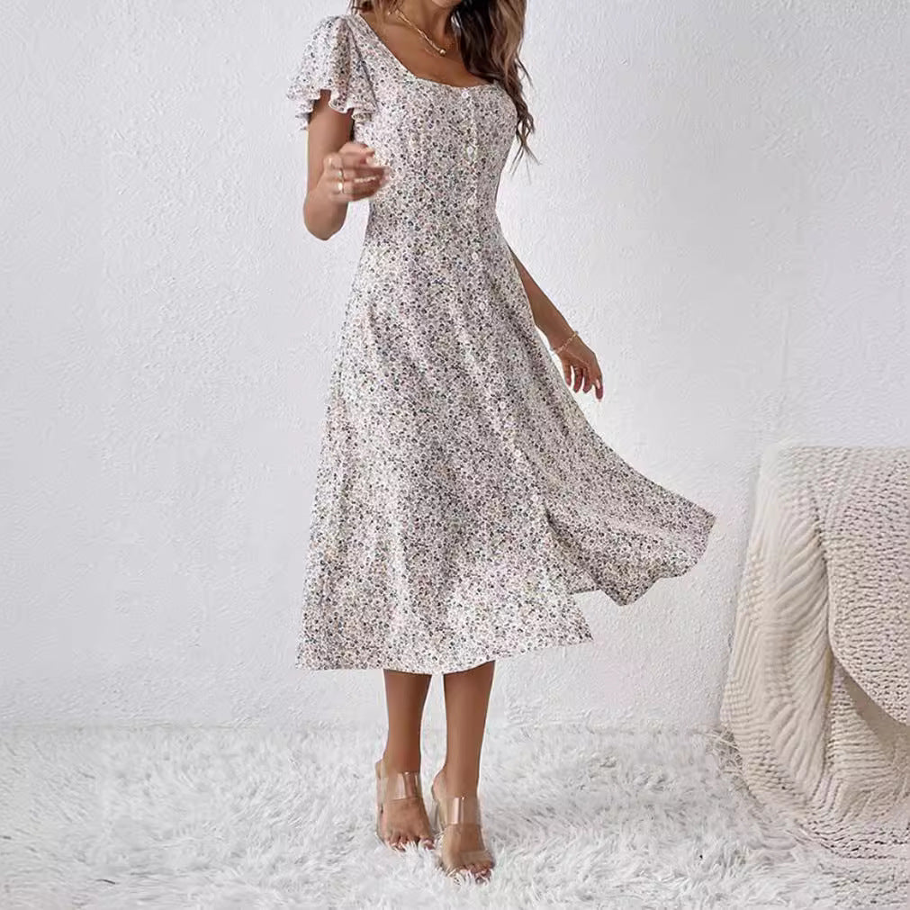 Women's fitted midi dress with square neckline, concealed button placket, and flowing A-line skirt Mune Fashion