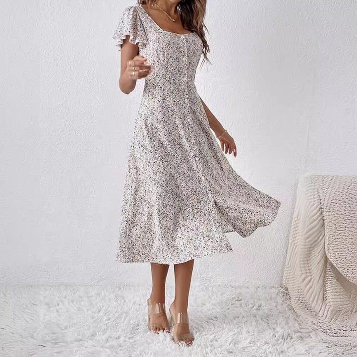 Women's fitted midi dress with square neckline, concealed button placket, and flowing A-line skirt Mune Fashion