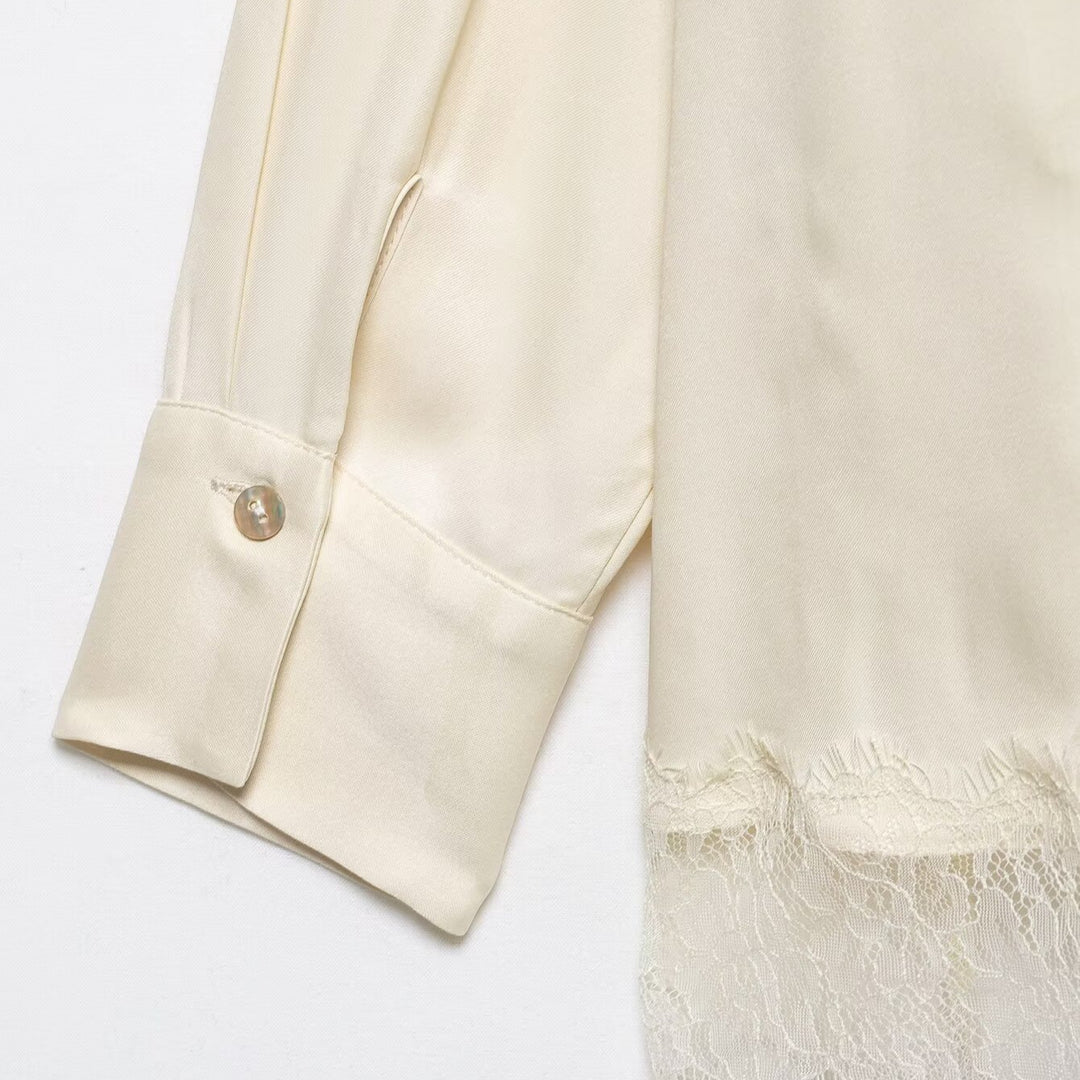 Ladies Silk-like Blouse with Concealed Button Placket and Lace Trim Mune Fashion