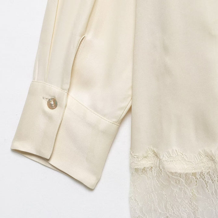 Ladies Silk-like Blouse with Concealed Button Placket and Lace Trim Mune Fashion