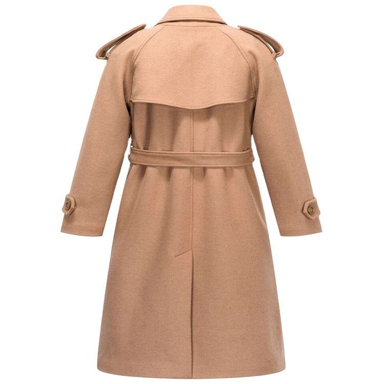 Women's Mid-Length Double-Breasted Wool Blend Trench Coat with Epaulettes and Belt Mune Fashion