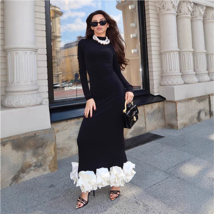 Women's Bodycon Maxi Dress with Turtleneck, Long Sleeves, and Lush Ruffled Hem Mune Fashion