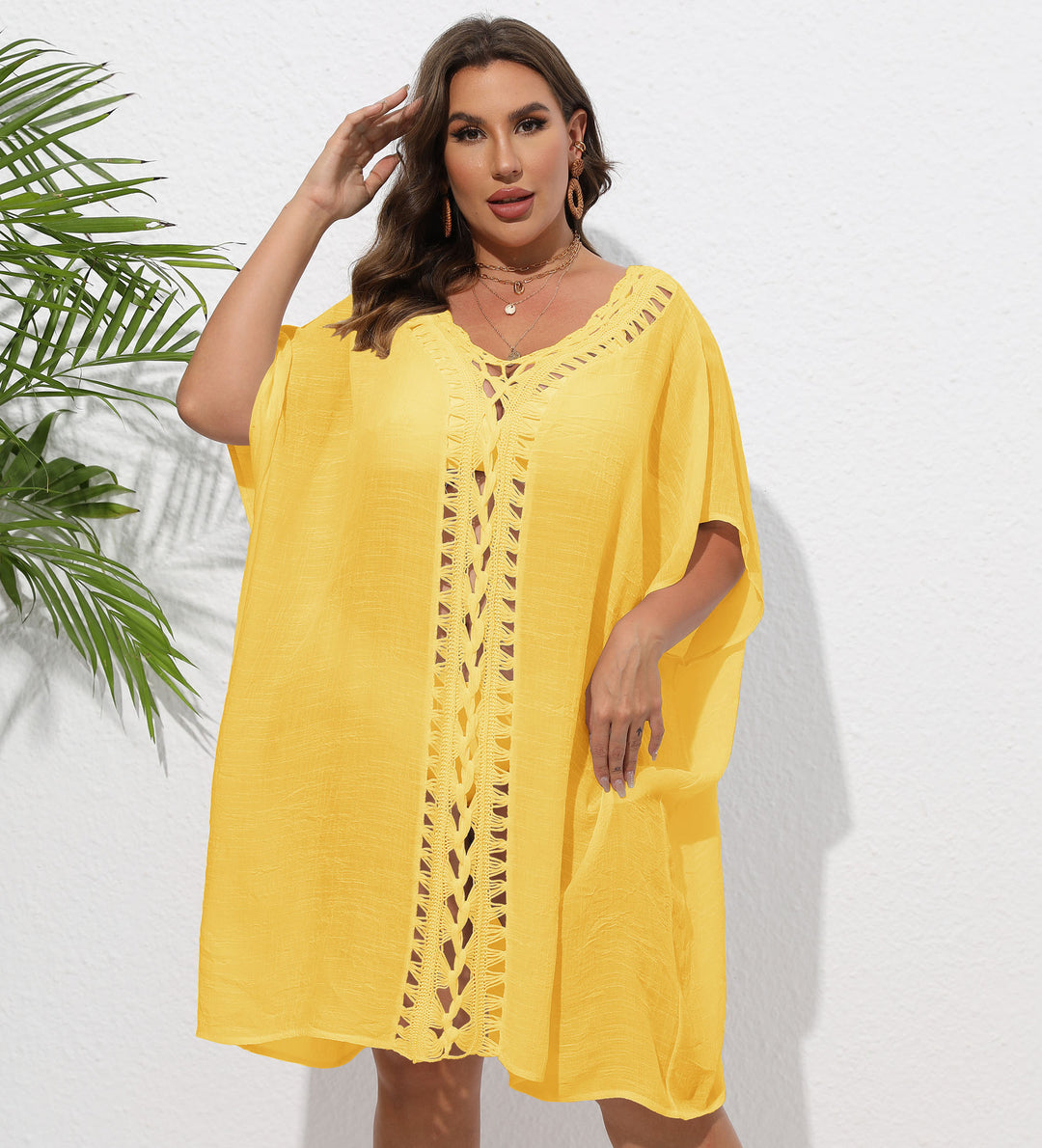 Women Airy Beach Kimono with Decorative Crochet Lace Mune Fashion